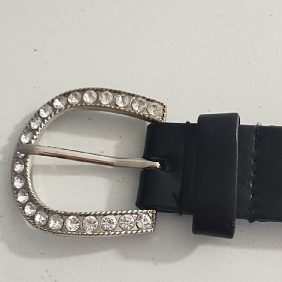 Black Belt Studded Silver Fleur-de-lis Studs & Rhinestones & Encrusted Buckle - Picture 15 of 16